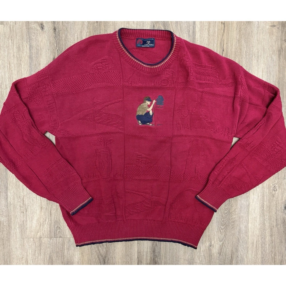VTG Isle of Cotton Golf Sweater Men's L Red Jacquard Knit Embroidered Golfer USA